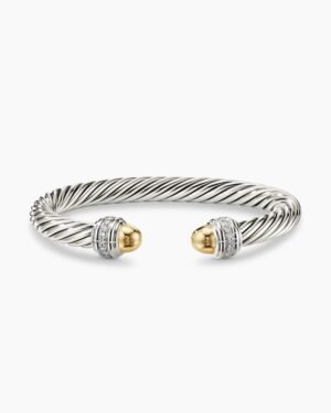Classic Cable Bracelet Sterling Silver with 14K Yellow Gold Domes and Diamonds, 7mm