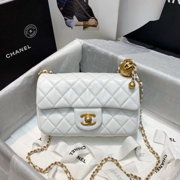 Chanel Flap Bag With CC Ball On Strap White For Women, Women&rsquo;s Handbags, Shoulder And Crossbody Bags 7.8in/20cm AS1787