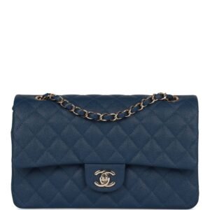 Medium Classic Double Flap Bag Blue Caviar Light Gold Hardware