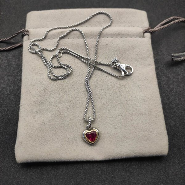 Petite Cable Heart Pendant Necklace Sterling Silver with 14K Yellow Gold and Rhodolite Garnet