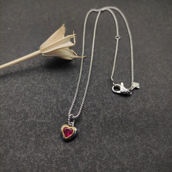 Petite Cable Heart Pendant Necklace Sterling Silver with 14K Yellow Gold and Rhodolite Garnet