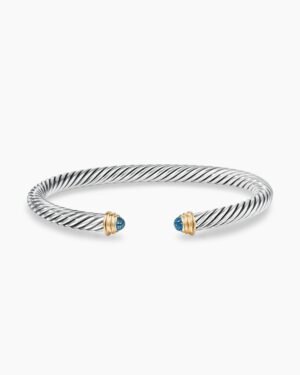 Classic Cable Bracelet Sterling Silver with 14K Yellow Gold and Blue Topaz, 5mm