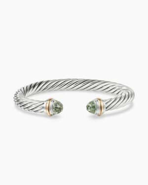 Classic Cable Bracelet Sterling Silver with 14K Yellow Gold and Prasiolite, 7mm
