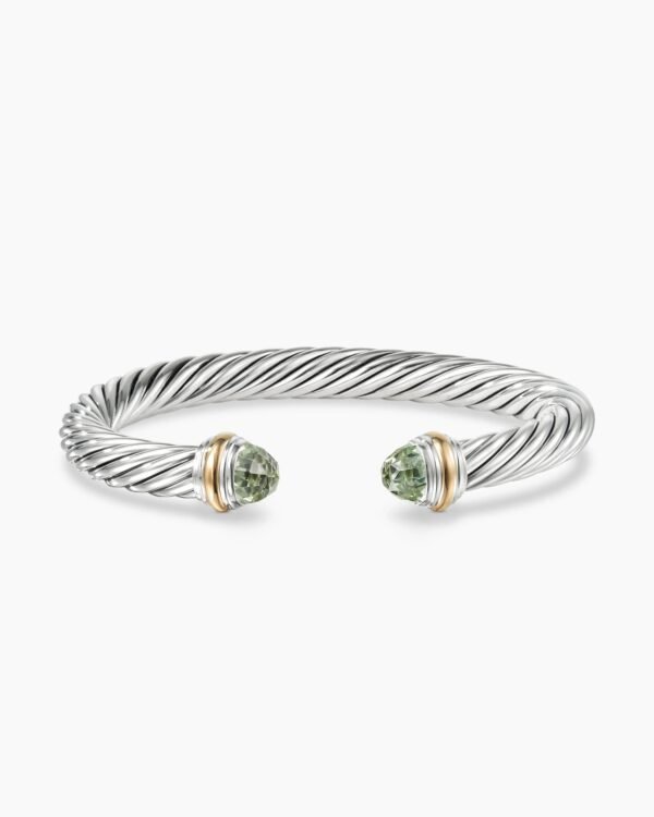 Classic Cable Bracelet Sterling Silver with 14K Yellow Gold and Prasiolite, 7mm