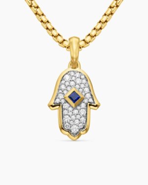 Hamsa Amulet 18K Yellow Gold with Pav&eacute; Diamonds and Blue Sapphire, 24.6mm