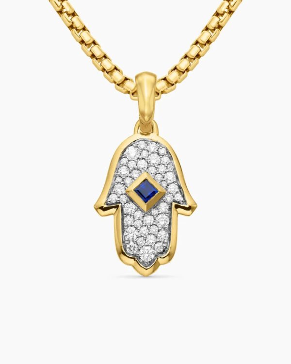 8441EF57-BF52-2605-7173-86D410AEED11.jpg Hamsa Amulet 18K Yellow Gold with Pavé Diamonds and Blue Sapphire, 24.6mm