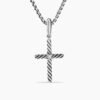 Classic Cable Cross Pendant Sterling Silver with Center Diamond, 19.5mm