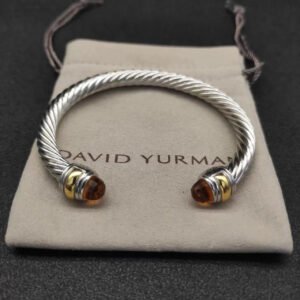 Classic Cable Bracelet Sterling Silver with 14K Yellow Gold and Champagne Crystal, 7mm