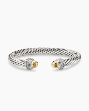 Classic Cable Bracelet Sterling Silver with 14K Yellow Gold Domes and Diamonds, 7mm