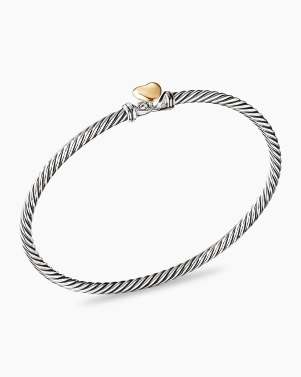 Classic Cable Heart Station Bracelet Sterling Silver with 18K Yellow Gold, 3mm - 17cm