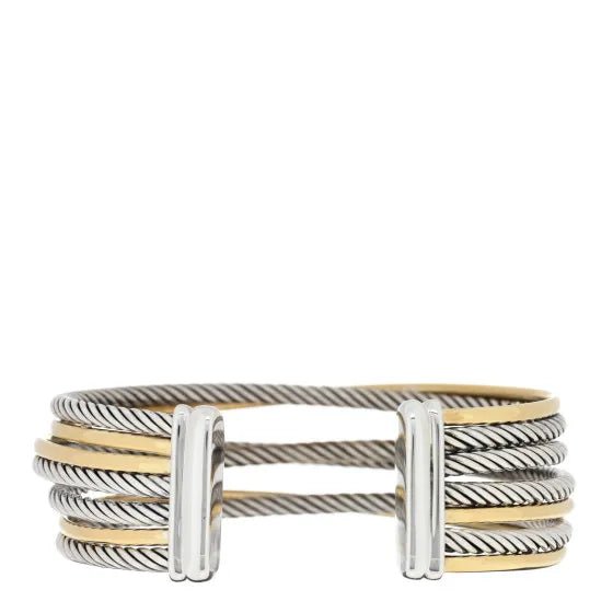David Yurman Sterling Silver 18K Yellow Gold 21mm Four Row Crossover Cuff Bracelet