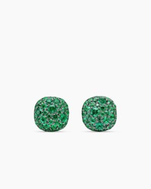 Cushion Stud Earrings 18K White Gold with Pav&eacute; Emeralds, 8mm
