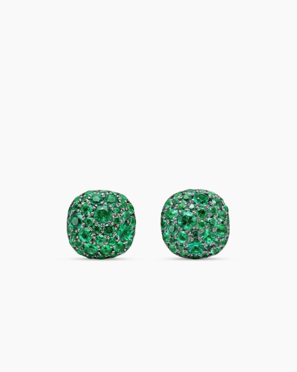 Cushion Stud Earrings 18K White Gold with Pav&eacute; Emeralds, 8mm