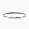 Classic Cable Heart Station Bracelet Sterling Silver with Pave Diamonds, 3mm - 17cm