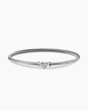 Classic Cable Heart Station Bracelet Sterling Silver with Pave Diamonds, 3mm - 17cm