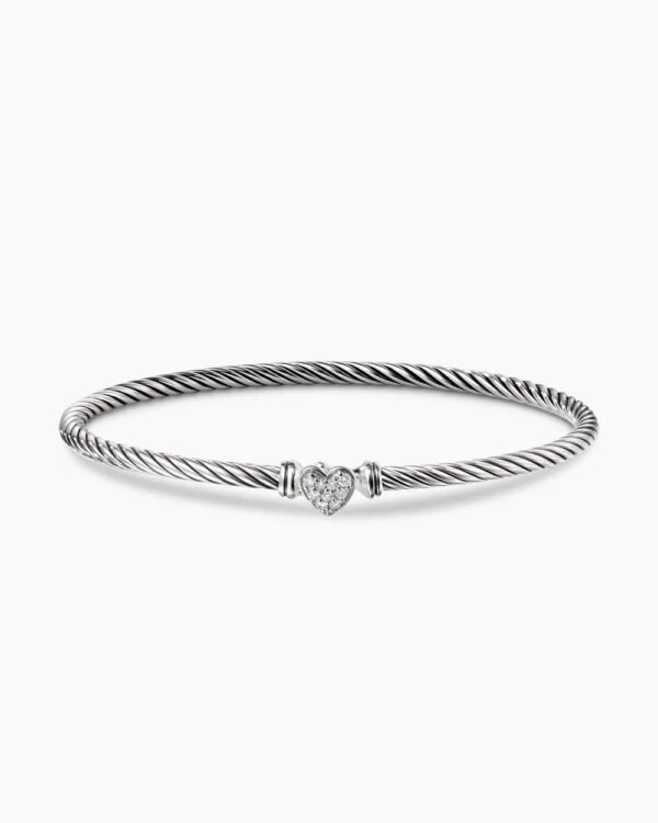 Classic Cable Heart Station Bracelet Sterling Silver with Pave Diamonds, 3mm - 17cm