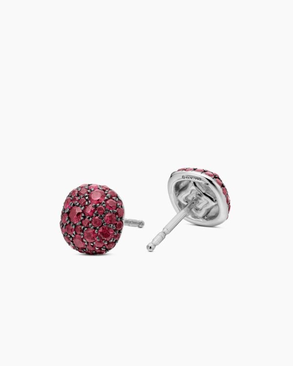 Cushion Stud Earrings 18K White Gold with Pav&eacute; Red Rubies, 8mm