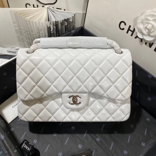 Chanel Large Classic Handbag Silver Hardware White For Women, Women&rsquo;s Handbags, Shoulder Bags 11.8in/30cm