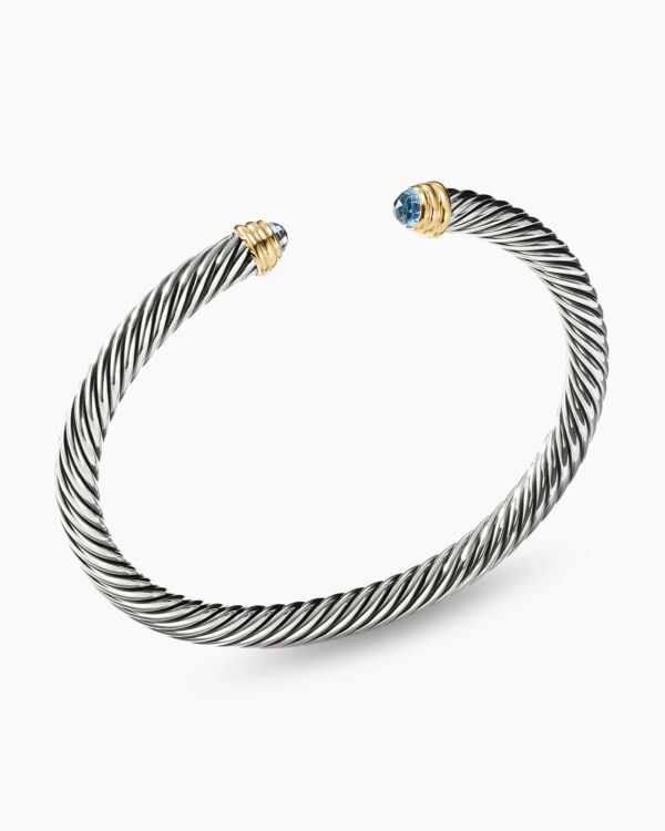 Classic Cable Bracelet Sterling Silver with 14K Yellow Gold and Blue Topaz, 5mm