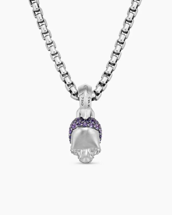 9525B4AC-1FAB-6484-8406-8C7790A6D09F.jpg Skull Amulet Full Pavé Purple Sapphires and 18K White Gold, 14mm