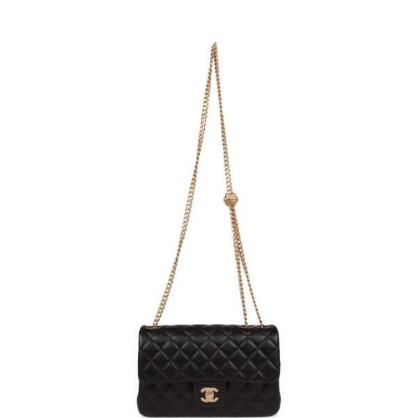 Medium Camellia Crush Flap Bag Black Lambskin Antique Gold Hardware