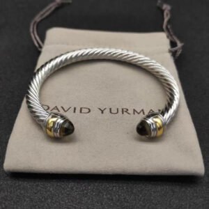 Classic Cable Bracelet Sterling Silver with 14K Yellow Gold and Brown Crystal, 7mm