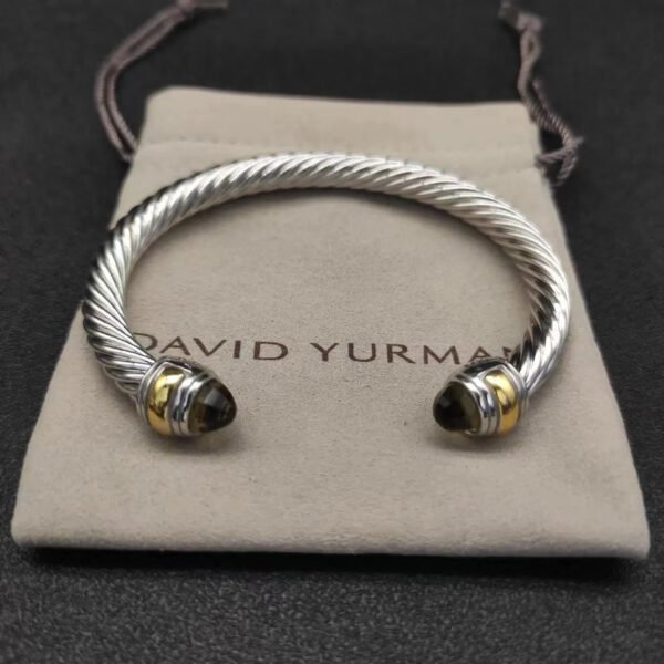 Classic Cable Bracelet Sterling Silver with 14K Yellow Gold and Brown Crystal, 7mm