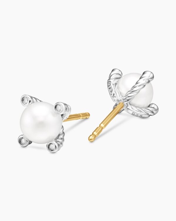 Pearl Stud Earrings Sterling Silver with Pearls and Diamonds, 7.4mm