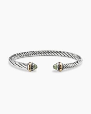 Classic Cable Bracelet Sterling Silver with 14K Yellow Gold and Prasiolite, 5mm