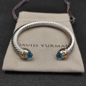 Classic Cable Bracelet Sterling Silver with 14K Yellow Gold and Blue Topaz, 7mm