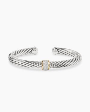Classic Cable Station Bracelet Sterling Silver with 18K Yellow Gold and Pave Diamonds, 7mm