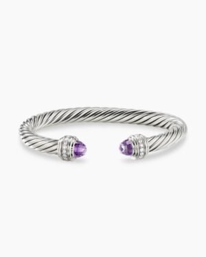 Classic Cable Bracelet Sterling Silver with Amethyst and Diamonds, 7mm