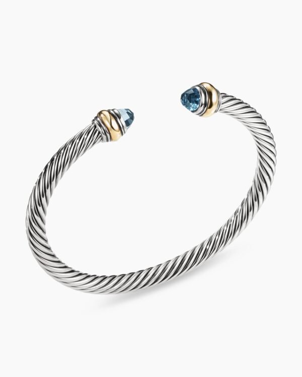 Classic Cable Bracelet Sterling Silver with 14K Yellow Gold and Blue Topaz, 5mm