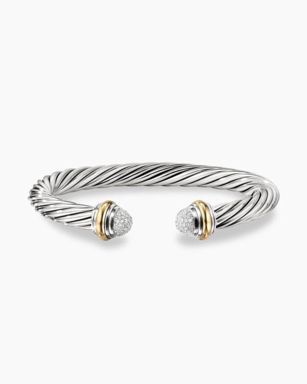 Classic Cable Bracelet Sterling Silver with 18K Yellow Gold and Pave Diamond Domes, 7mm
