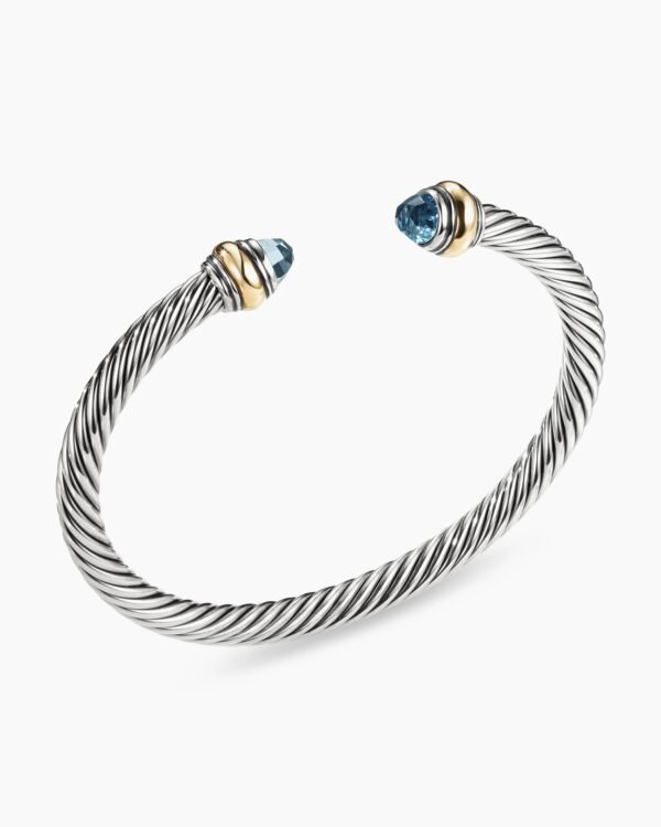 Classic Cable Bracelet Sterling Silver with 14K Yellow Gold and Blue Topaz, 5mm
