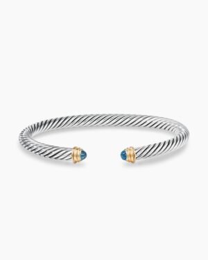Classic Cable Bracelet Sterling Silver with 14K Yellow Gold and Blue Topaz, 5mm