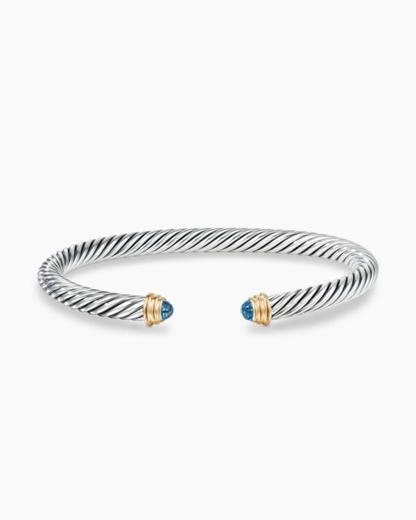 Classic Cable Bracelet Sterling Silver with 14K Yellow Gold and Blue Topaz, 5mm