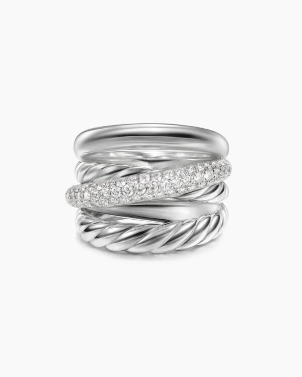 Crossover Five Row Ring Sterling Silver with Diamonds, 17.5mm - 6