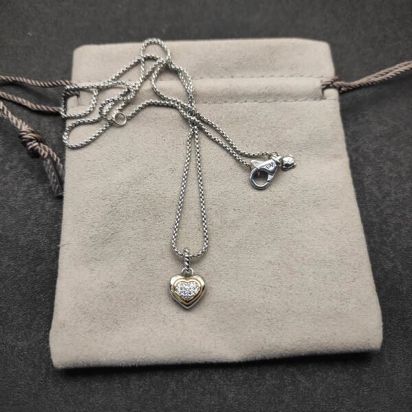 Petite Cable Heart Pendant Necklace Sterling Silver with 14K Yellow Gold and Diamonds
