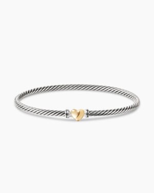 Classic Cable Heart Station Bracelet Sterling Silver with 18K Yellow Gold, 3mm - 17cm