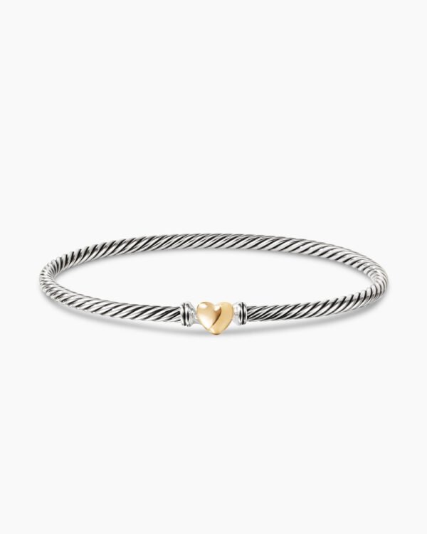 Classic Cable Heart Station Bracelet Sterling Silver with 18K Yellow Gold, 3mm - 17cm