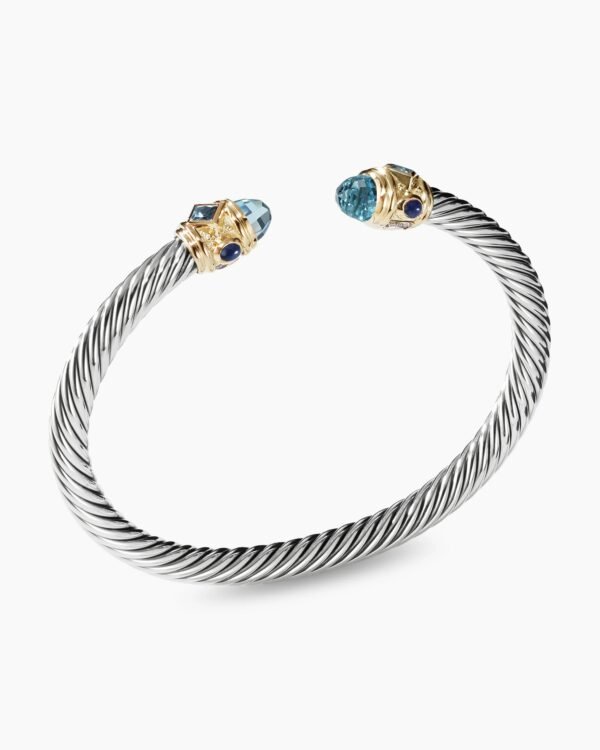 Renaissance&reg; Classic Cable Bracelet Sterling Silver with 14K Yellow Gold, Blue Topaz and Lapis, 5mm