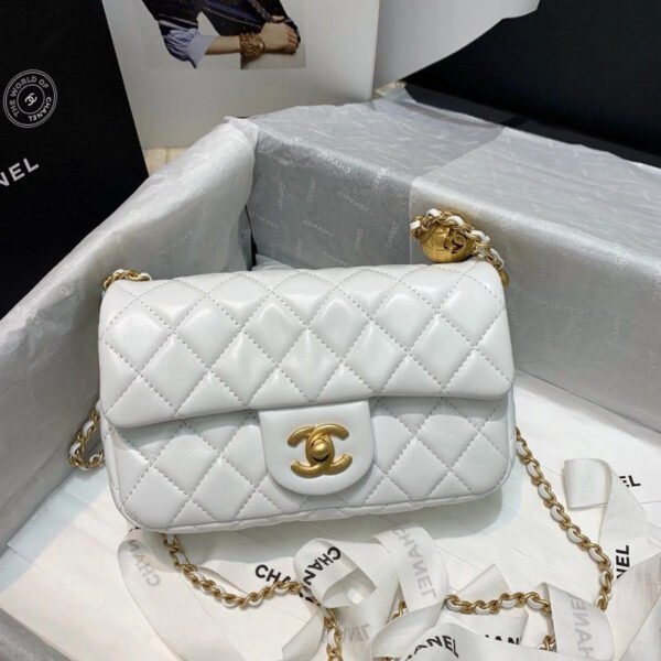 Chanel Flap Bag With CC Ball On Strap White For Women, Women&rsquo;s Handbags, Shoulder And Crossbody Bags 7.8in/20cm AS1787