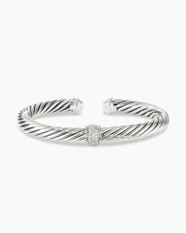 Classic Cable Station Bracelet Sterling Silver with Pave Diamonds, 7mm