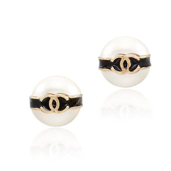 Black Lucite, Imitation Pearl and Gold Metal CC Earrings