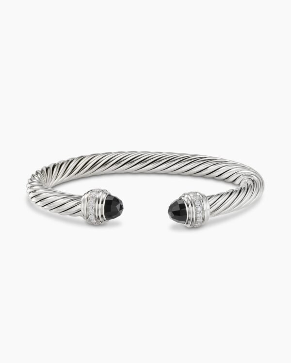 Classic Cable Bracelet Sterling Silver with Black Onyx and Diamonds, 7mm