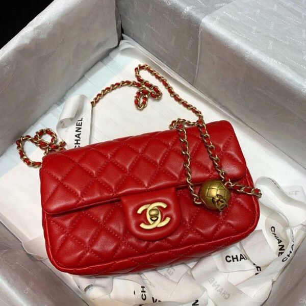 Chanel Flap Bag With CC Ball On Strap Red For Women, Women&rsquo;s Handbags, Shoulder And Crossbody Bags 7.8in/20cm AS1787