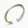 Crossover Two Row Cuff Bracelet Sterling Silver with 18K Yellow Gold, 5mm