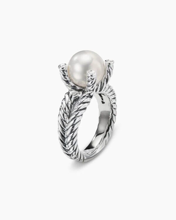 Cable Collectibles&reg; Pearl Ring Sterling Silver with Pearl and Diamonds, 11mm