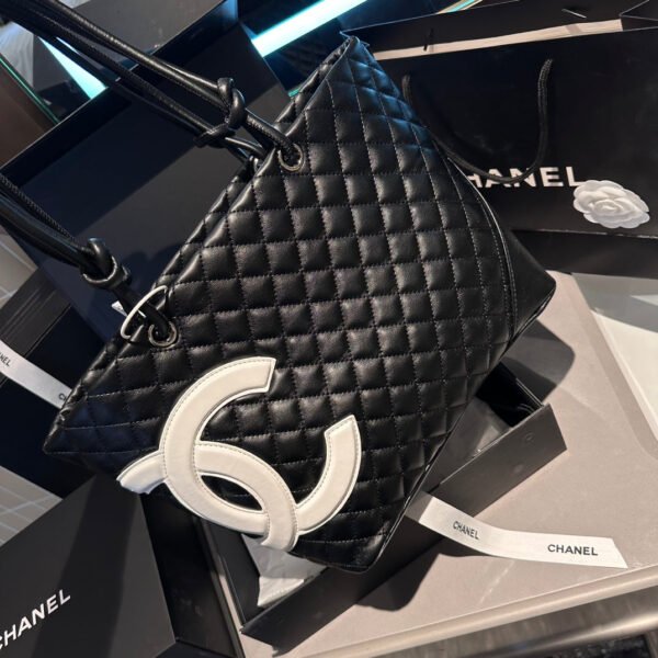 CHANEL Calfskin Quilted Large Cambon Tote Black White